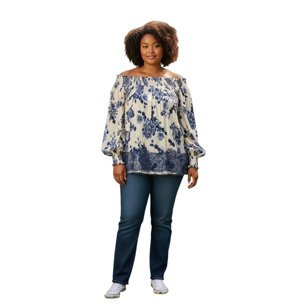 Chelsea & Theodore Woman 1X Blue Floral Off Shoulder Lace Hem Blouse‎ Top